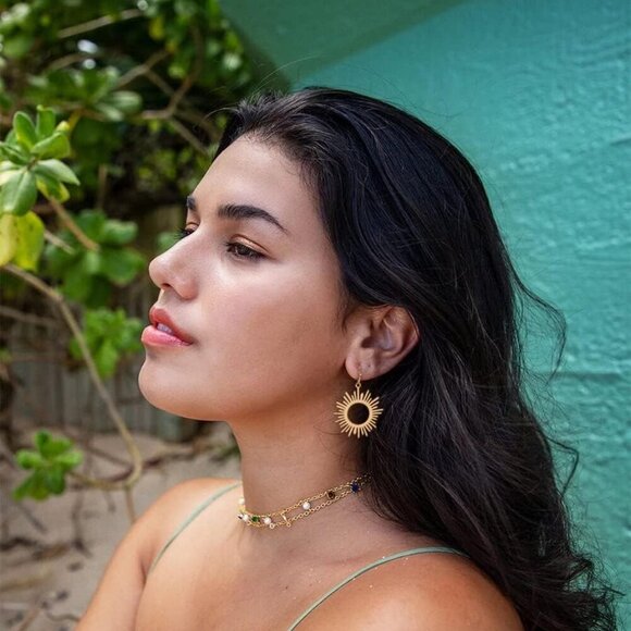 18K Gold Dangle Drop Earrings Small Round Disc Dangle Sun Hoop Earrings for Wome - Picture 5 of 7